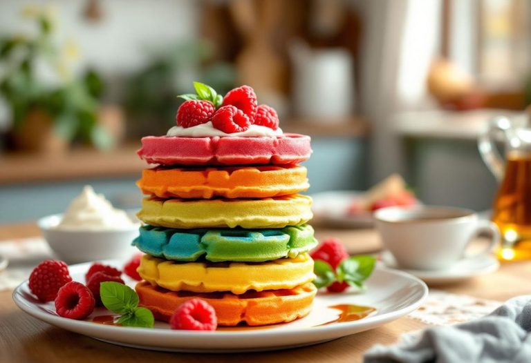 Recette gaufre arc en ciel framboise basilic : facile et colorée